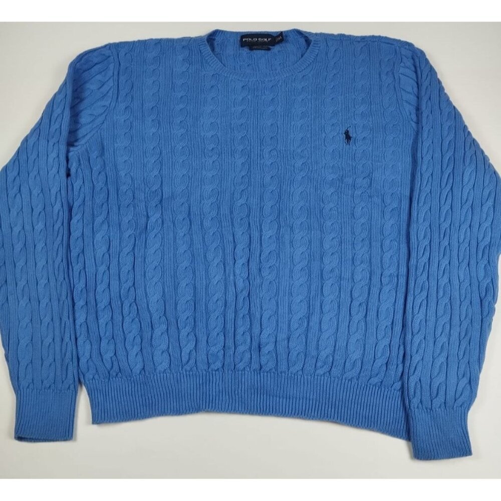 Polo Golf Ralph Lauren XL Blue Cable Knit Sweater Cotton Cashmere Blend